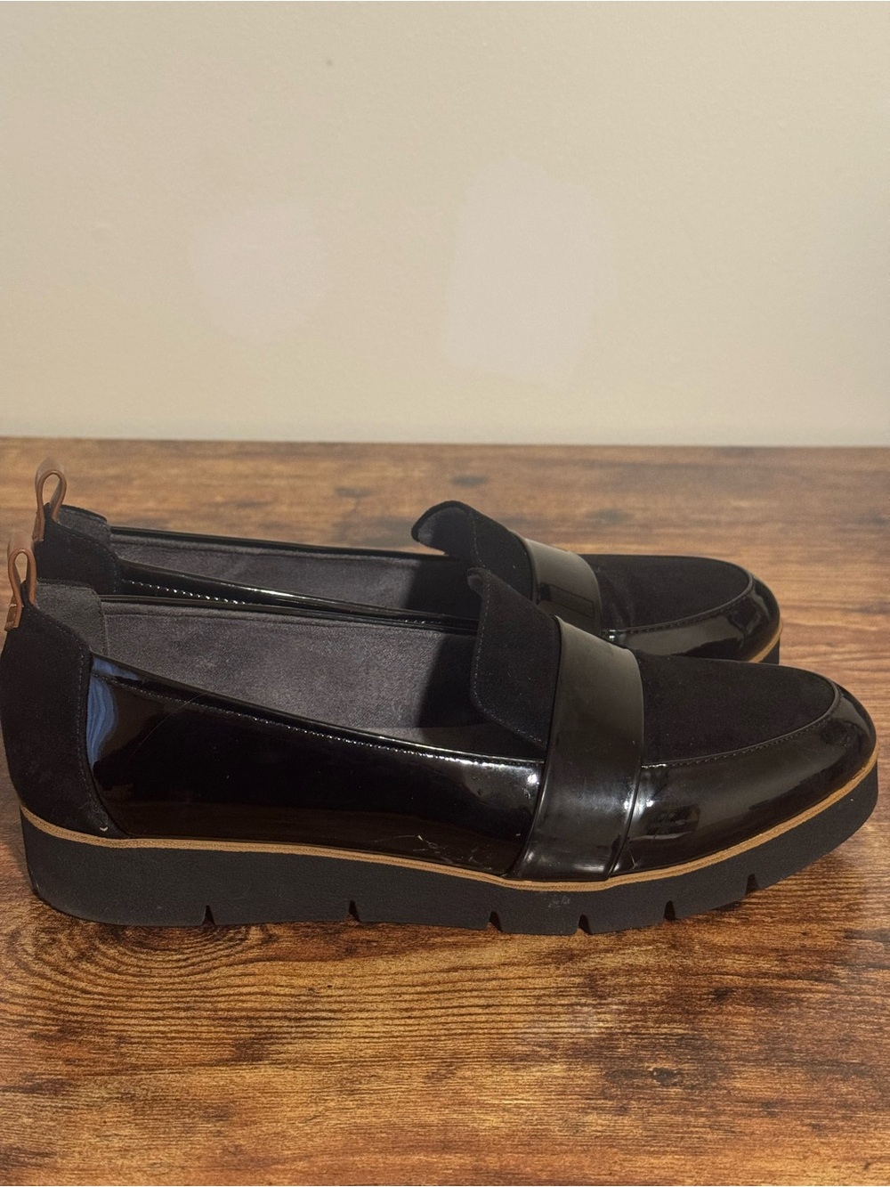 Dr. Scholl's Black Patent and Suede Platform Moccasins